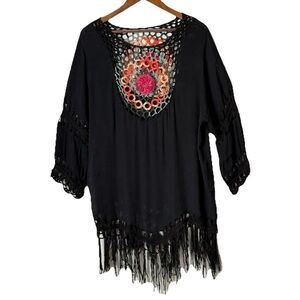Beach By Exist Black Embroidered Fringe Cover up, Size: L/XL